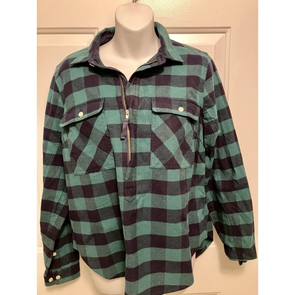 J Crew Women's Size S Plaid Green‎ Half Zip Lumberjack Flannel Long Sleeve Shirt